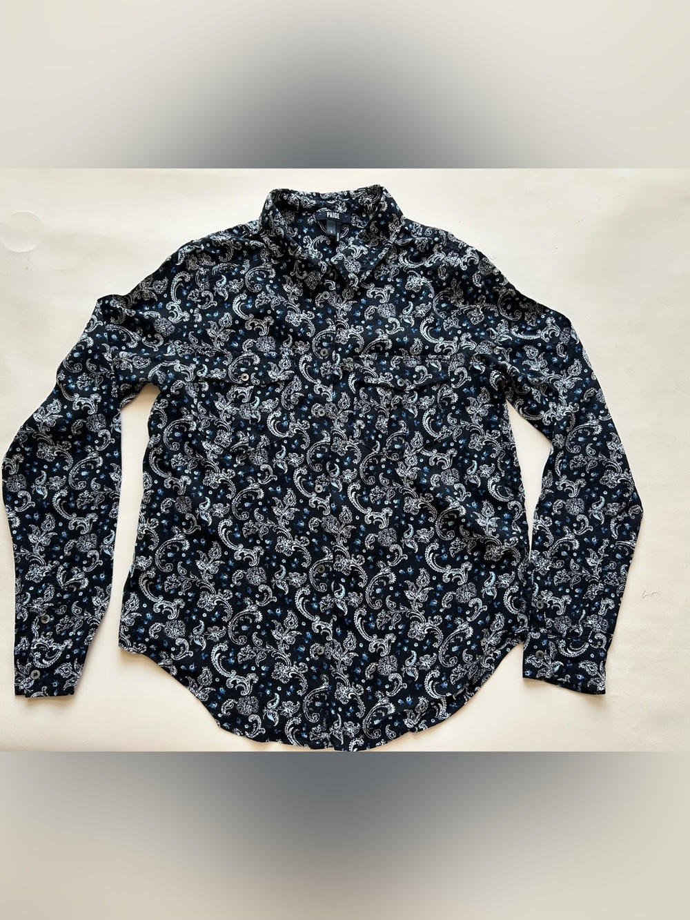 PAIGE Navy Paisley Long-Sleeve Button Shirt with Light Blue Accents size S